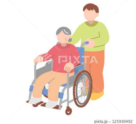 シニア女性が座る車椅子を押す男性のイラスト シニア女性が座る車椅子を押す男性のイラスト 125930492