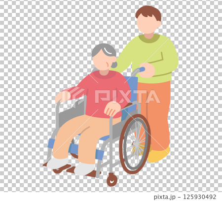 シニア女性が座る車椅子を押す男性のイラスト シニア女性が座る車椅子を押す男性のイラスト 125930492
