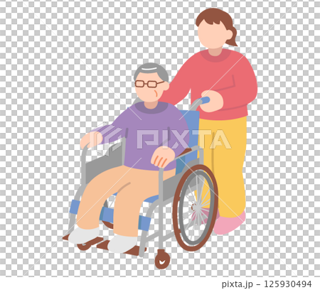 Illustration of a woman pushing a wheelchair in which a senior man sits 125930494