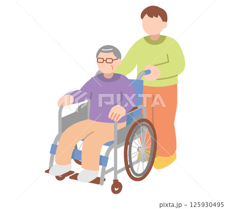 シニア男性が座る車椅子を押す男性のイラスト 125930495