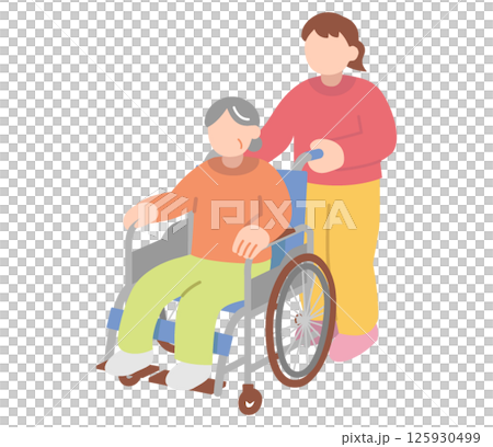 Illustration of a woman pushing a wheelchair in which a senior woman sits Illustration of a woman pushing a wheelchair in which a senior woman sits 125930499