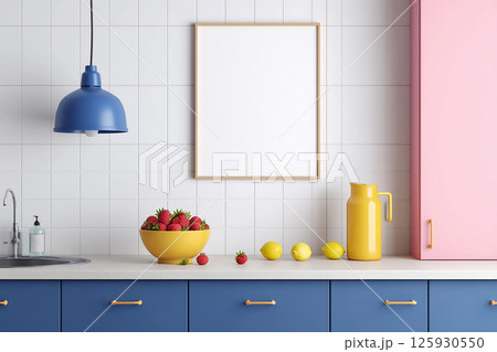 Bright kitchen interior with modern blank frame for wall art mockup and vibrant fruit bowl 125930550