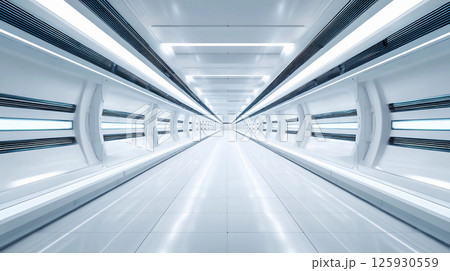 Long white tunnel with modern lighting and clean lines extending to a distant point, creating a sense of futuristic ambiance and design Long white tunnel with modern lighting and clean lines extending to a distant point, creating a sense of futuristic ambiance and design 125930559