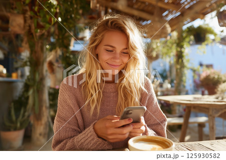 屋外カフェでスマホを見ながら微笑む若い女性の休日シーン 125930582