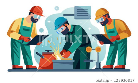 Welders inspect completed welds for defects and imperfections, and may perform grinding or finishing operations to achieve desired results. 125930817