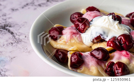 macro photo of cherry dumplings covered with sour cream with steam in a plate on a white mar 125930961