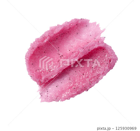 Smear texture of pink strawberry scrub isolated on white background. Fruit exfoliation scrubber for body and face in SPA. Body care scrub for design. Smear texture of pink strawberry scrub isolated on white background. Fruit exfoliation scrubber for body and face in SPA. Body care scrub for design. 125930969