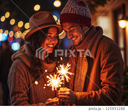 A couple is holding a sparkler and smiling at the camera 125931288