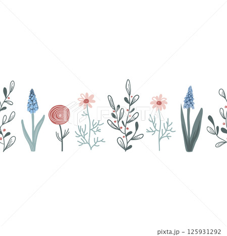 Cute seamless border with spring flowers. Vector isolated illustration 125931292