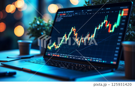 A laptop displaying a graph of stock prices 125931420