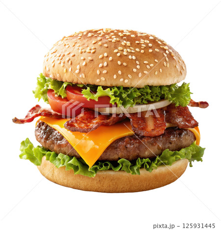 Delicious classic cheeseburger with juicy beef patty melted cheese crisp lettuce ripe tomato and savory onion on a toasted sesame seed bun 125931445