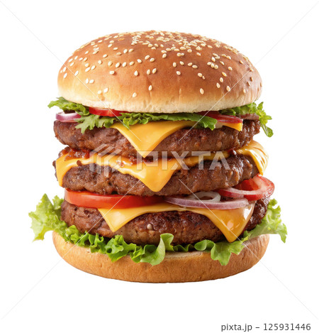 Freshly grilled beef patty layered with melted cheese crisp lettuce juicy tomato and savory onion all nestled between a soft toasted sesame seed bun 125931446