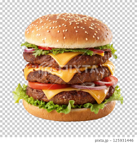 Freshly grilled beef patty layered with melted cheese crisp lettuce juicy tomato and savory onion all nestled between a soft toasted sesame seed bun 125931446