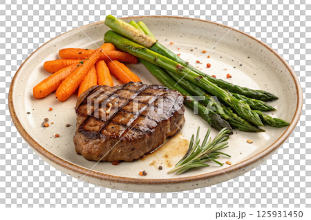 Grilled Steak with Asparagus and Carrots 125931450