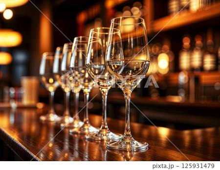 A row of wine glasses are lined up on a wooden bar counter 125931479