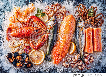A seafood platter with a variety of fish and shellfish, including shrimp 125931480