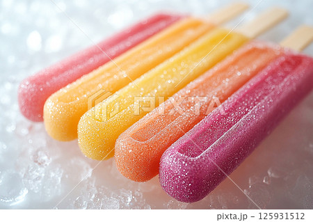 Popsicles with rainbow colors on a long stick on a white background. Summer fun. Retro style. 125931512