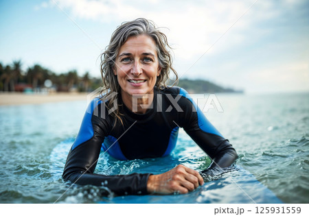 A woman is smiling and laying on a surfboard in the ocean A woman is smiling and laying on a surfboard in the ocean 125931559