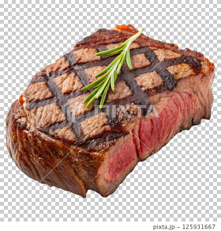 Grilled ribeye steak with a crispy sear and juicy center 125931667