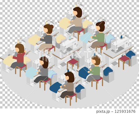 Isometric image of people sewing in a factory 125931676