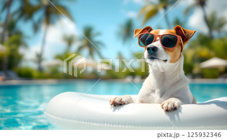Cute funny dog wearing in red sunglasses floating in swimming pool on inflatable ring. Happy pet swim in ocean or sea. Animals play in water. Travel vacation, summer holiday concept 125932346