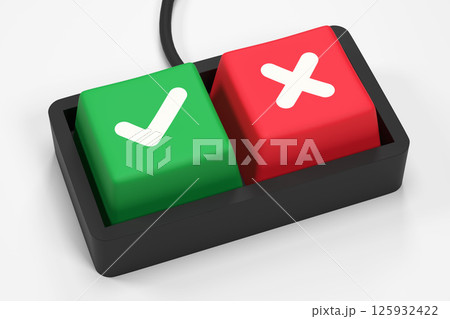 Choice concept. Keyboard with two keys - right and left arrow. Choosing the direction or making decision concept. Cartoon style. 3d rendering. Choice concept. Keyboard with two keys - right and left arrow. Choosing the direction or making decision concept. Cartoon style. 3d rendering. 125932422