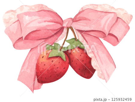Coquette Strawberry Bow Watercolor in Autumn Garden with Soft Pastel and Feminine Vintage Style 125932459