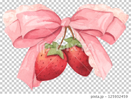Coquette Strawberry Bow Watercolor in Autumn Garden with Soft Pastel and Feminine Vintage Style 125932459