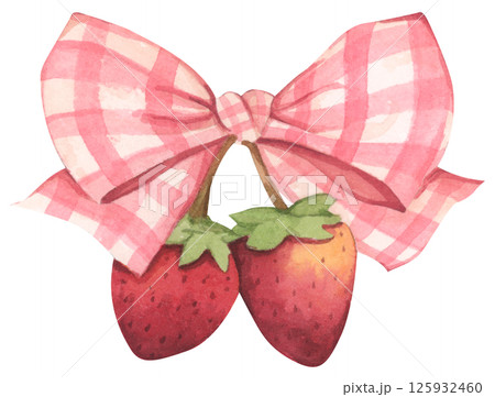 Coquette Strawberry Bow Watercolor in Autumn Garden with Soft Pastel and Feminine Vintage Style 125932460