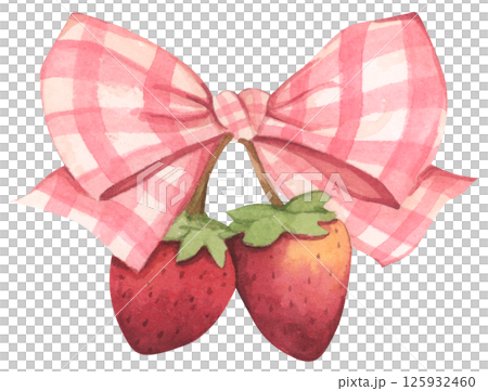 Coquette Strawberry Bow Watercolor in Autumn Garden with Soft Pastel and Feminine Vintage Style 125932460