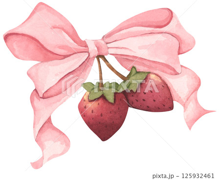 Coquette Strawberry Bow Watercolor in Autumn Garden with Soft Pastel and Feminine Vintage Style 125932461
