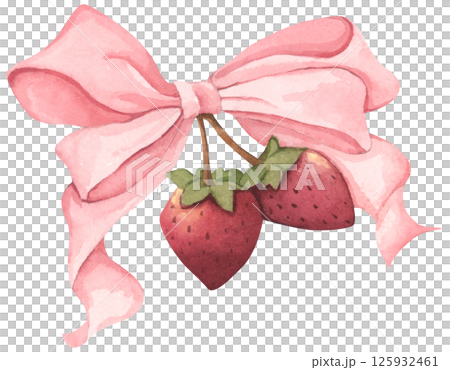 Coquette Strawberry Bow Watercolor in Autumn Garden with Soft Pastel and Feminine Vintage Style 125932461