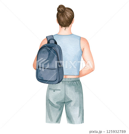 Watercolor Collection Sporty Figures Back View with Backpacks and Casual Activewear Generative AI 125932789