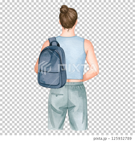 Watercolor Collection Sporty Figures Back View with Backpacks and Casual Activewear Generative AI 125932789