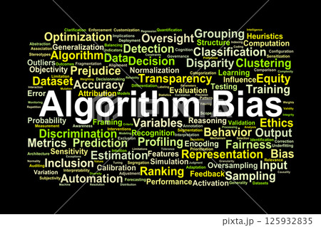 Algorithm Bias Word Cloud. Key Concepts in Data and Ethical Implications Algorithm Bias Word Cloud. Key Concepts in Data and Ethical Implications 125932835