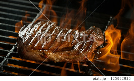 Close-up of Beef Steak on a Grill with Roaring Flames 125932936