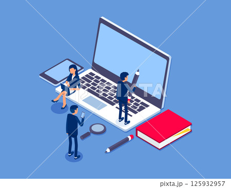 Online education concept banner with characters.  Flat isometric vector illustration 125932957