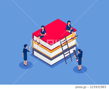 Book library concept banner with characters. Flat isometric vector illustration Book library concept banner with characters. Flat isometric vector illustration 125932965