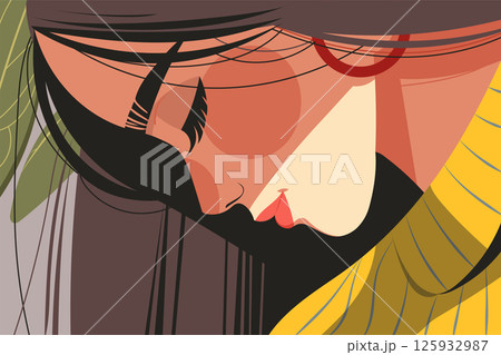 Elegant flat graphic vector illustration of a woman's profile in a calm, contemplative pose. Modern, minimalist design perfect for various creative projects. 125932987