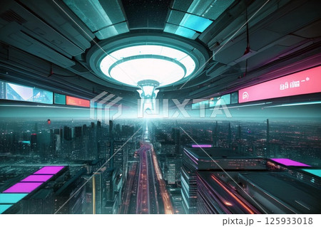 ゲーム背景　夜景の近未来ハイウェイのあるサイバーシティ 125933018