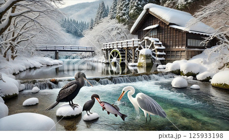 雪景色の川原にシロサギとアオサギ 雪景色の川原にシロサギとアオサギ 125933198