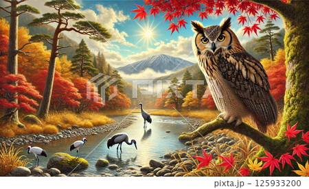 紅葉が広がる川原のモミジの木の枝にシマフクロウが1羽 125933200