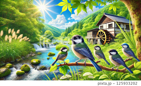 若葉と新緑の水辺の木の枝にシジュウカラ 125933202