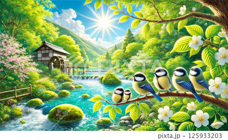 若葉と新緑の水辺の木の枝にシジュウカラ 125933203
