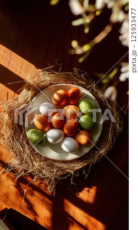 Rustic nest with colorful farm-fresh eggs in green, orange, and white, celebrating Easter, spring, and natural organic countryside traditions Rustic nest with colorful farm-fresh eggs in green, orange, and white, celebrating Easter, spring, and natural organic countryside traditions 125933477