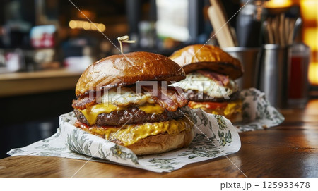 Mouthwatering burger stacked with bacon, egg, and melted cheese on a brioche bun, ideal for indulgent lunches, grill nights, and foodie cravings 125933478