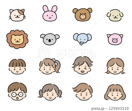 手書きのかわいいアイコンのベクターイラストセット。手描き、動物、子供、落書き 125933510