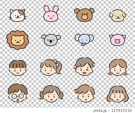 手書きのかわいいアイコンのベクターイラストセット。手描き、動物、子供、落書き 125933510