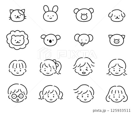 手書きのかわいいアイコンのベクターイラストセット。手描き、動物、子供、落書き 125933511
