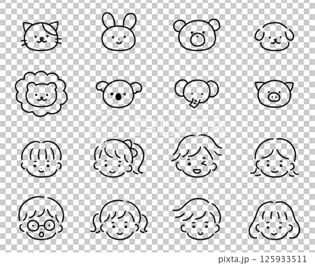 手書きのかわいいアイコンのベクターイラストセット。手描き、動物、子供、落書き 125933511